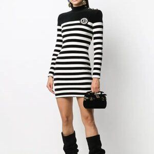 Balmain Black & White Striped Velvet Long-Sleeve Mini Dress
